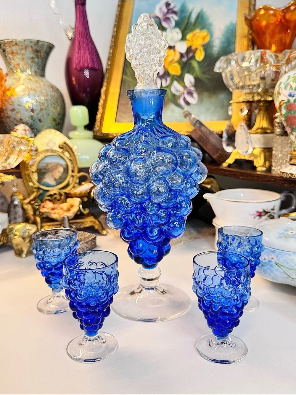 1950s–1960s Empoli Italian Cobalt Blue Grape Cluster Glass Decanter Set